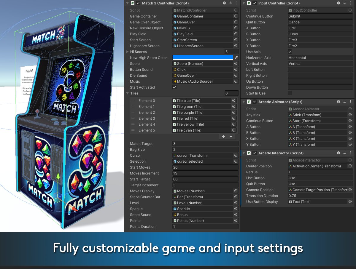 My "Match3 Arcade Minigame" is now available on the #UnityAssetStore!  

It lets you add a Match3-game to your own game as a playable arcade-cabinet mini-game! 🕹️ 

And it's 30% off for 2 more weeks!  

Check it out here: assetstore.unity.com/packages/tools…

#gamedev