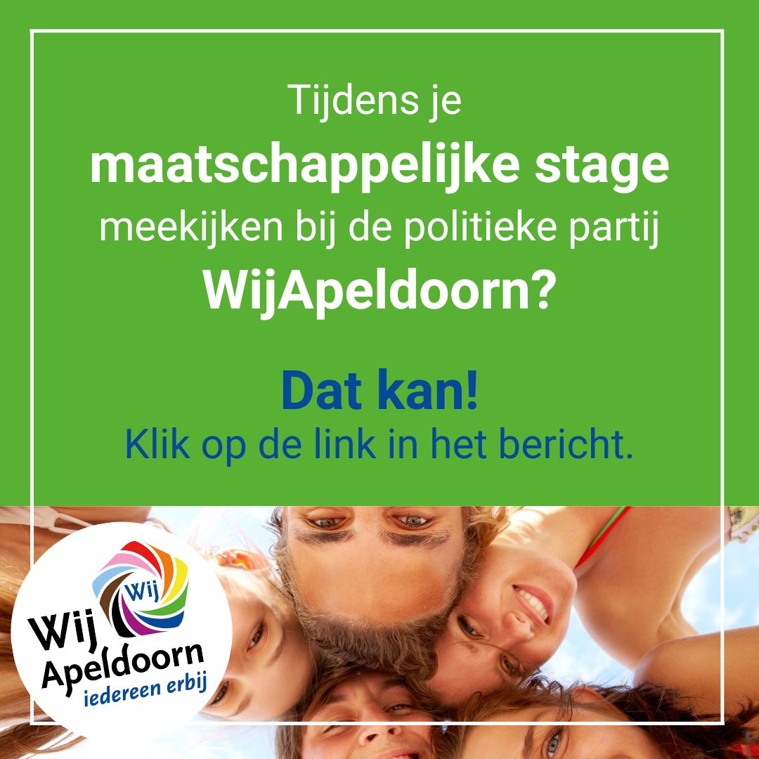 Tijdens je maatschappelijke stage meekijken bij de politieke partij WijApeldoorn?

Dat kan!

Bekijk hier alle informatie: mas-apeldoorn.nl/o/WijApeldoorn…