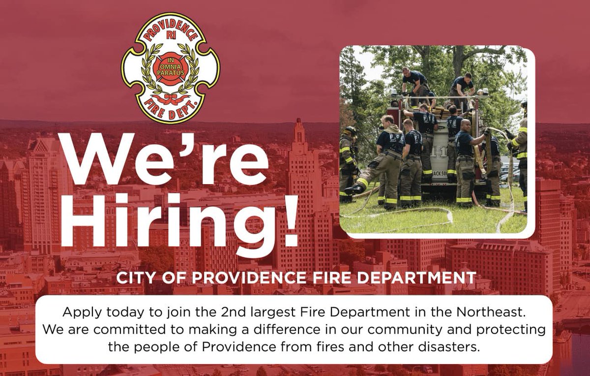 PVDMayor's tweet photo. The @PVDFireDept is accepting applications for the position of entry-level Firefighter/EMT until September 9, 2024.

No experience necessary; 18 years of age, high school diploma or GED, the ability to pass written/ physical exams and background/medical reviews.

Pay: $20 per hour during training and after training it’s $51,538 to $87,304 annually dependent on assignments and certifications.

Benefits: Competitive healthcare and retirement plan, paid leave along with compensation for holidays and uniform allowance.

Visit https://t.co/Ey9YuN1q67 to apply today!