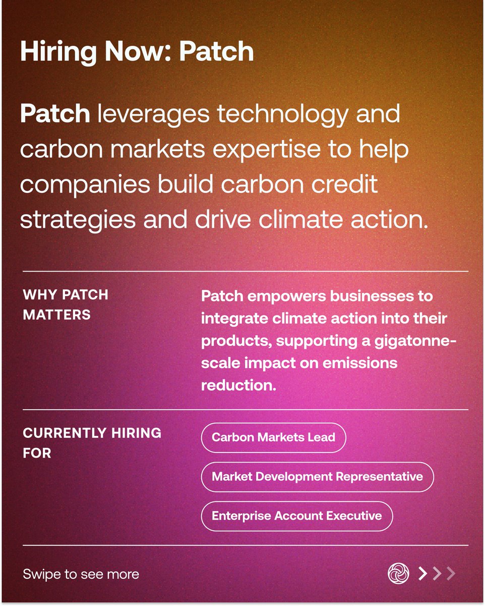 Check out climate job opportunities at innovative organizations like Patch, Terawatt, and others!

PATCH — Driving climate action by enabling companies to build and execute their carbon credit strategies.
📍 Hybrid (London, San Francisco)
💼 Hiring: Carbon Markets Lead, Senior