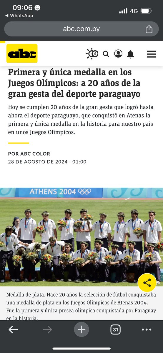 pasaron 20 años, y nunca más se logró algo así en la historia de nuestro deporte! Aquella 🥈en Atenas 2004, sigue siendo hasta hoy día, el logro deportivo  más importante de P🧩🇵🇾! Un honor ser parte de aquel equipo de fútbol que hizo historia en esos JJOO! Salud Sres! 
Salud 🇵🇾