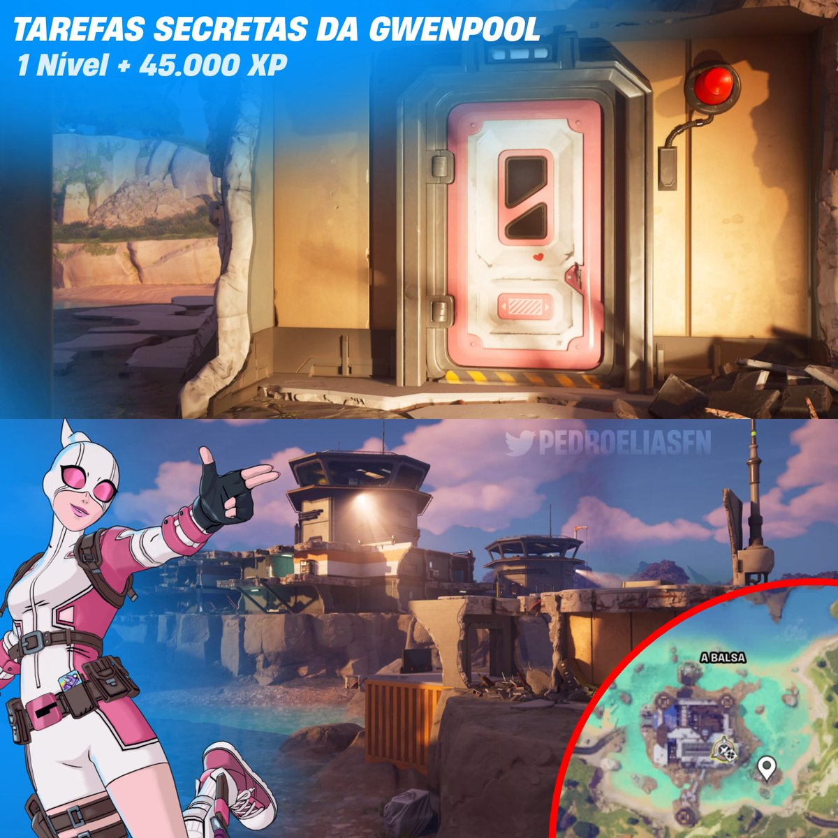 PedroEliasFN's tweet photo. MISSÕES SECRETAS DA GWENPOOL🩷

⬆️ 1 Nível + 45.000 XP

Ajude a Gwenpool, que está aprisionada, falando com ela através da porta na Balsa. A missão possui três partes. #Fortnite https://t.co/TtsbMd7jaX