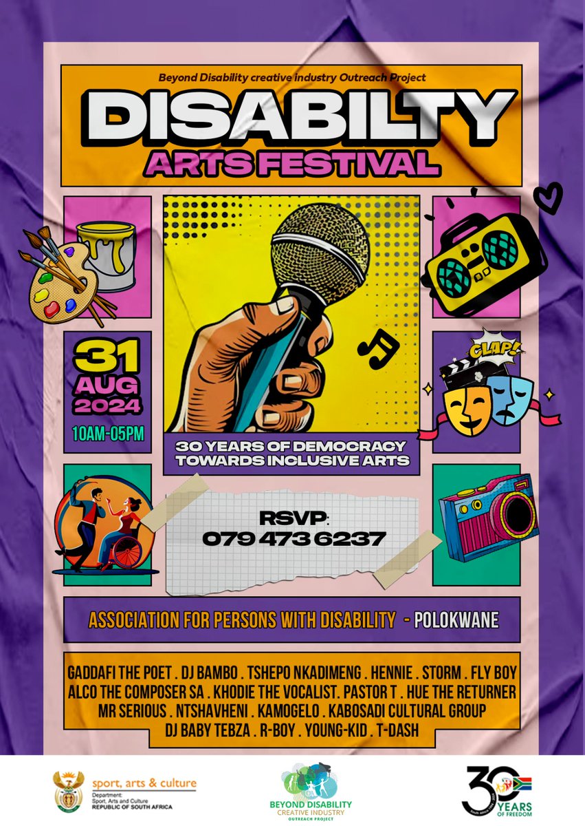 SportArtsCultur's tweet image. 3 DAYS TO GO until Disability Arts Festival
Celebrating 30 years of promoting inclusivity &amp;amp;diversity in the arts

DATE: 31 Aug
TIME: 10h00
VENUE: ADP Polokwane

FREE entry!
Proudly supported by Dept of Sport, Arts &amp;amp; Culture through #MGEFunding
#disabilityarts #disabilityinclusion