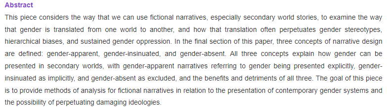 My most recent publication, "Reading Between Worlds" is available for free at cgsjournal.com/v1n103/! 

This piece looks at how we incorporate gender into fantasy stories, to our benefit or to our detriment.

#AcademicChatter #ShamelessSelfpromoWednesday  #WritingCommunity