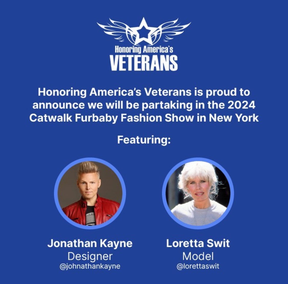 Loretta Swit (@loretta_swit) on Twitter photo Thrilled to announce Iāll be teaming up with #HonoringAmericasVeterans <a href="/PaulaPedene/">Paula Pedene APR, Fellow PRSA</a> + designer <a href="/Johnathan_Kayne/">Johnathan Kayne</a> competing in the 2nd annual #CatwalkFurbaby #FashionShow Thu 9/5. But we canāt do it without you! Vote hereā”ļøhonoringamericasveterans.org/catwalk-furbab⦠$25.00 to vote goes to charity! #RT Thrilled to announce Iāll be teaming up with #HonoringAmericasVeterans <a href="/PaulaPedene/">Paula Pedene APR, Fellow PRSA</a> + designer <a href="/Johnathan_Kayne/">Johnathan Kayne</a> competing in the 2nd annual #CatwalkFurbaby #FashionShow Thu 9/5. But we canāt do it without you! Vote hereā”ļøhonoringamericasveterans.org/catwalk-furbab⦠$25.00 to vote goes to charity! #RT