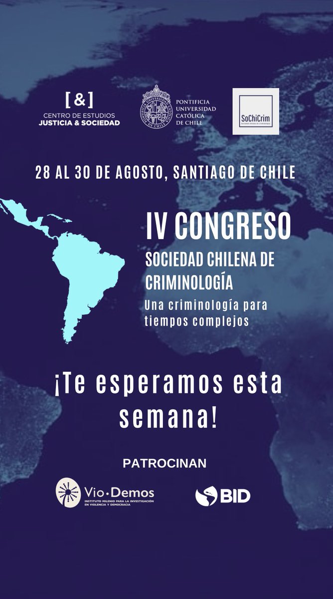 Acompañanos esta semana en el IV Congreso de la Sociedad Chilena de Criminomogia, junto a destacados panelistas de #Latinoamerica y al <a href="/JusticiaySocUC/">Centro Justicia y Sociedad UC</a> @Sochicrim <a href="/CESC_UChile/">CESC UChile</a> 
📢 Conectate hoy: bit.ly/4cFmz5y