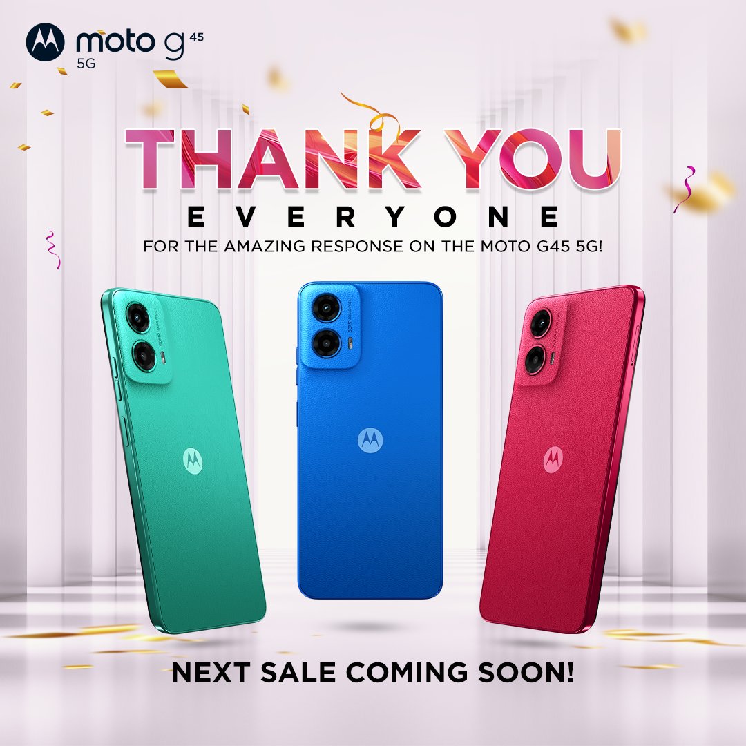 motorolaindia's tweet photo. We are thrilled with the incredible response to the #MotoG45!
Your enthusiasm has fueled our passion to continue delivering excellence. Get ready to experience the Best 5G Smartphone* starting at just Rs.9,999*/
#FastNWow https://t.co/RSvOGYGesV