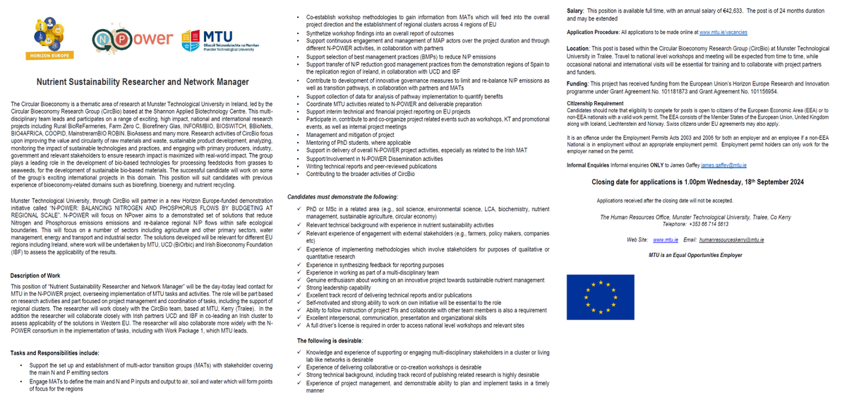 Niamh Power (@niamhpower18) on Twitter photo <a href="/BiorefineryIE/">James Gaffey</a> & <a href="/CircBio/">Circular Bioeconomy Research Group</a> have a wonderful Job opportunity for a Nutrient Sustainability Researcher and Network Manager as part of their new project. If you are interested in applying, all applications must be made online @ mtu.ie/vacancies/ See the full details below 👇 <a href="/BiorefineryIE/">James Gaffey</a> & <a href="/CircBio/">Circular Bioeconomy Research Group</a> have a wonderful Job opportunity for a Nutrient Sustainability Researcher and Network Manager as part of their new project. If you are interested in applying, all applications must be made online @ mtu.ie/vacancies/ See the full details below 👇