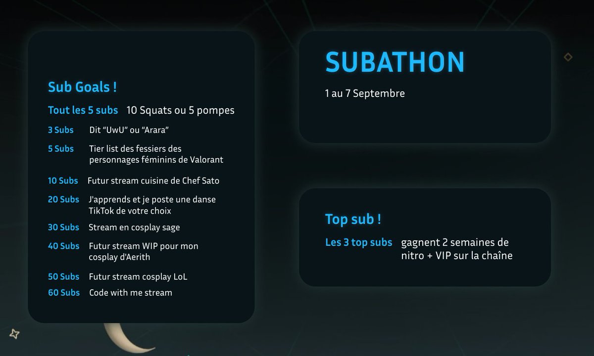 KxSato's tweet photo. Hello ! Voici les objectifs du Subathon de cette année !  Un beau planning en cours de préparation ! Au programme du Valorant, du League Of Legend et d'autres jeux !  Rejoins-nous sur https://t.co/1G9kgg5eIm #frenchstreamer #smallstreamers https://t.co/jyv1rvlIyh