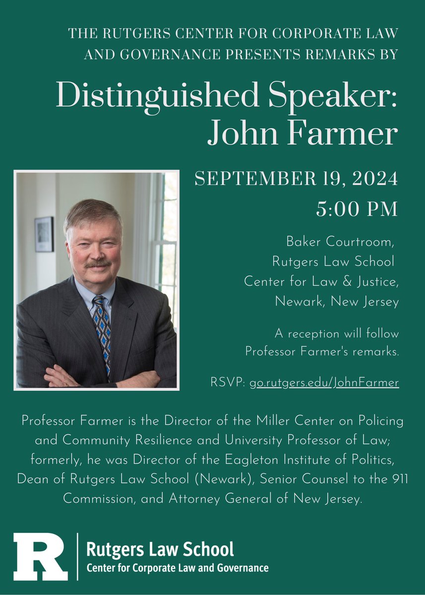 On 9/19 at <a href="/RutgersLaw/">Rutgers Law ⚖️</a> in Newark, we will host  distinguished speaker, John Farmer. Professor Farmer is the Director of  the Miller Center on Policing and Community Resilience and University Professor of Law.

Please RSVP to attend: go.rutgers.edu/JohnFarmer
