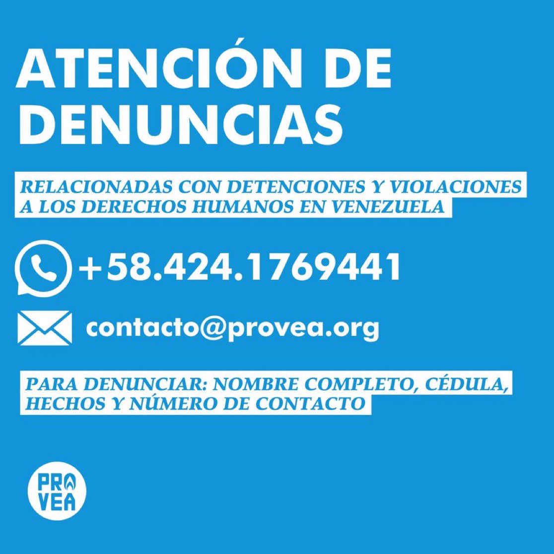 #28Ago #Marcha #Protesta #Detenciones 
<a href="/_Provea/">PROVEA</a>: Para denuncias sobre detenciones arbitrarias o violaciones a derechos humanos, escribir al WhatsApp +584241769441 o al correo: contacto@provea.org

También recibimos denuncias sobre abusos, acoso, desmejoras laborales o despidos