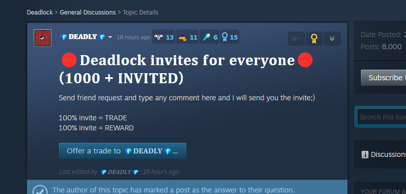 lukspie's tweet photo. Many scamming accounts exist, be aware of that, if you need Deadlock invite, reply here with the code and me or someone else might help you out with the invite:) https://t.co/oeAaFcSa1E