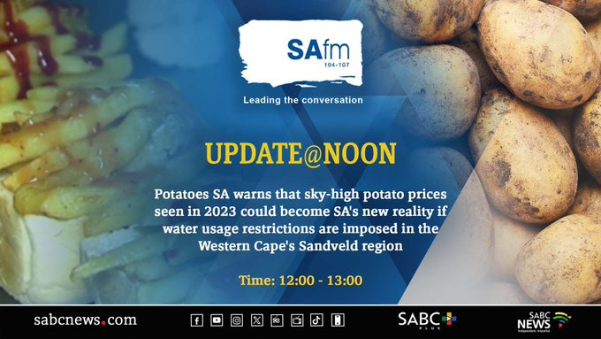 SABCNews_Radio's tweet photo. [LISTEN] Potatoes SA expresses concern over possible impact of proposed water usage restrictions expected to be imposed on farming communities in the Western Cape's Sandveld region.

🔗 https://t.co/qpSyYe4zlc

#UpdateAtNoon #UpdateAtNoon https://t.co/pARvVPZpQQ
