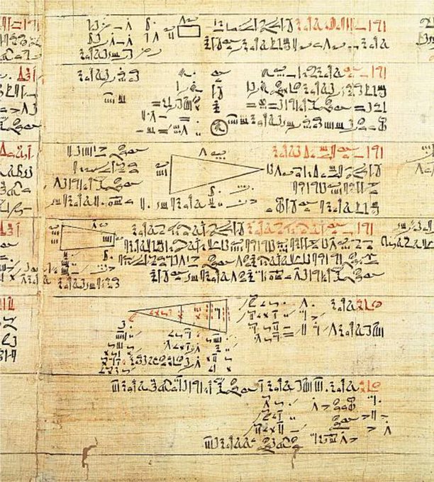 The Rhind Mathematical Papyrus is the oldest manuscript written in algebra and trigonometry, dating back to 3,550 years ago.

It shows that the Egyptians used first-order equations, geometric series and a second-order algebraic equation, related to the Pythagorean theorem a² + b²