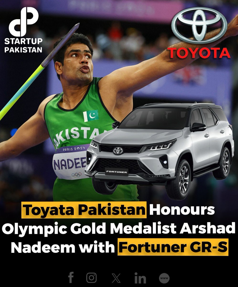 PakStartup's tweet image. Toyota Pakistan surprised Arshad Nadeem by upgrading their gift from a Corolla Cross Hybrid Electric to a Fortuner GR-S, demonstrating their strong belief in and support for the Gold Medalist. 

#ArshadNadeem #Pakwheels #ToyotaPakistan