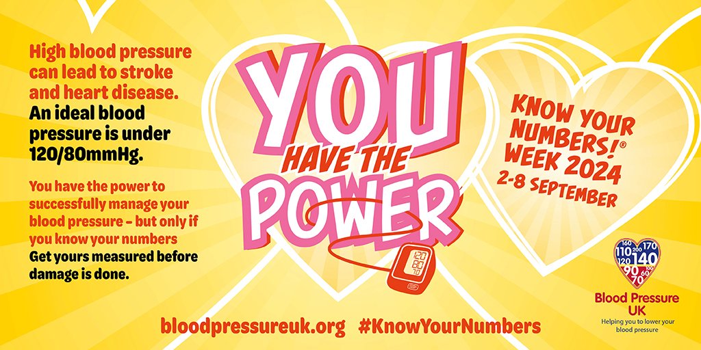 The UK's biggest blood pressure testing and awareness event is here. We aim to encourage all adults of all ages to regularly check their BP and reach those with high BP but don't know it. 
You have the power, time to power up and put your pressure down 
#KnowYourNumbers Wk 2024
