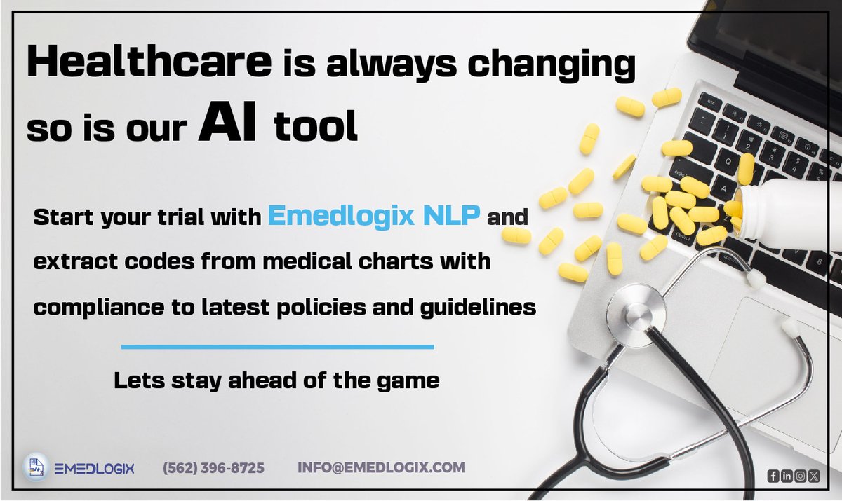 emedlogix's tweet image. Stay ahead in healthcare with Emedlogix NLP.
Start your trial today and experience the future of compliance and efficiency. Let’s lead the change together!
For enquiries: info@emedlogix.com, +1 562 396 8725
#computercoding #medicare #hcccoding #riskadjustmentcoding