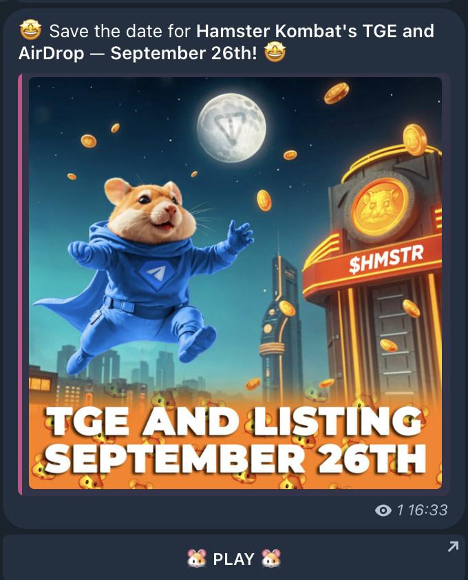 gemhunt_x's tweet photo. Finally! #HamsterKombat   has announced the TGE date 🎉

The listing and airdrop are set for September 26th. https://t.co/IWmNNiImEc