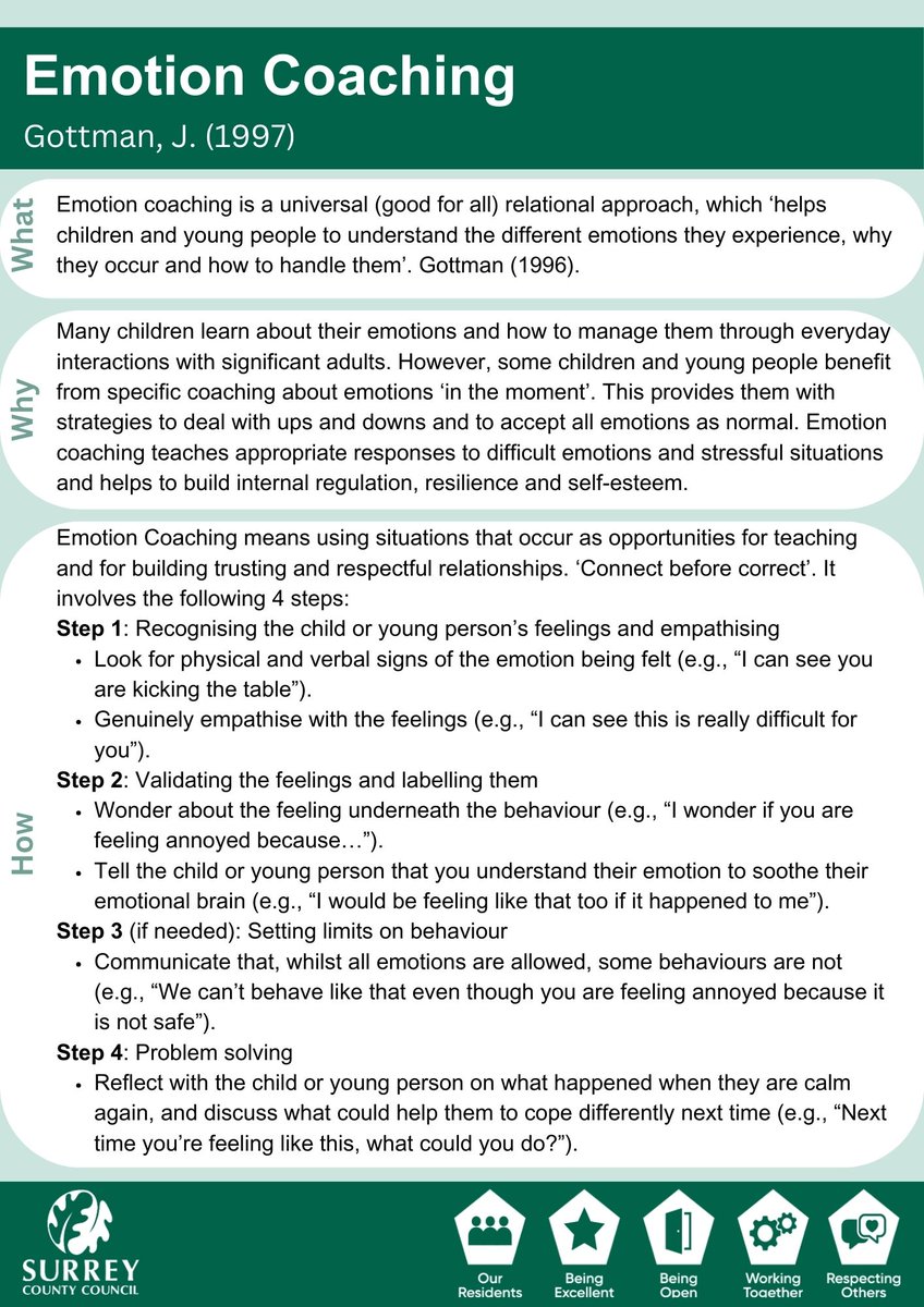 This is the first of several weekly posts showcasing infographics we have created around key theories or interventions EPs commonly use. 

On page 2, we have aimed to answer 3 key questions. What is it? Why is it important? and How do we do it?

First is Emotion Coaching:
