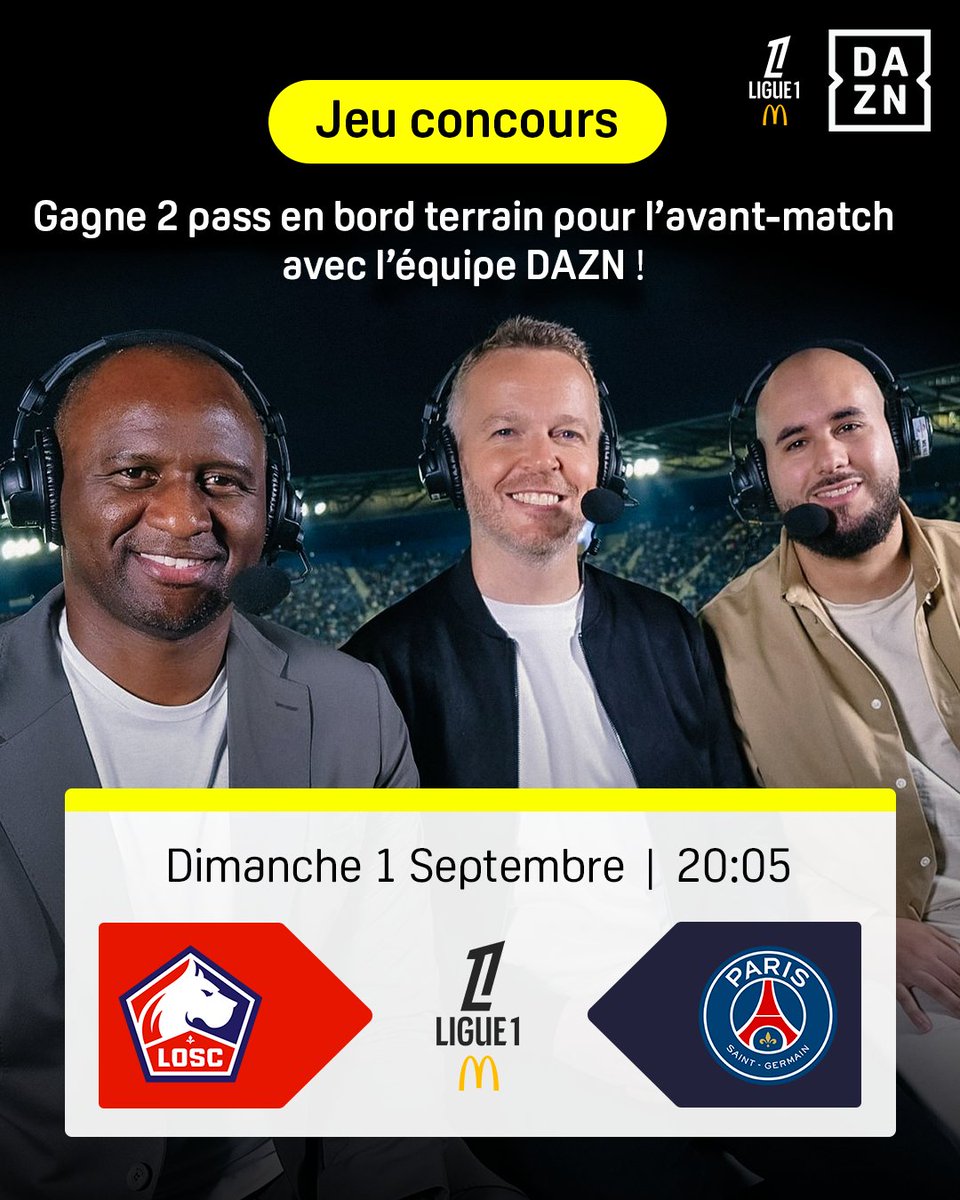 DAZN_FR's tweet image. CONCOURS | Le gagnant pourra vivre une expérience unique en bord de terrain lors de l’échauffement des joueurs pour le match #LOSCPSG au Stade Pierre Mauroy avec la personne de son choix.
De plus, il recevra également deux tickets pour assister au match.

Pour participer à ce…
