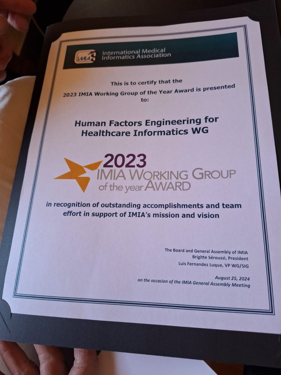 CIC_IT_LILLE's tweet photo. 🌟 Exciting news! 🌟
We're thrilled to share that the IMIA Human Factors Engineering Working Group, in which Romaric Marcilly is a member, has received the IMIA 2023 Best Working Group Award! 🎉
#IMIA #MIE2024 #CICIT1403 #ELLLA @ulr2694 https://t.co/lCZa55CVNe