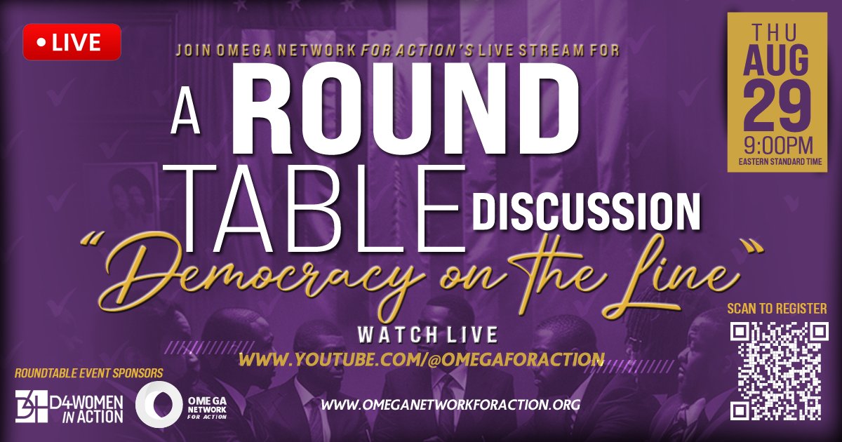 omegaforaction's tweet image. TOMORROW, AUG 29TH @ 9P EASTERN—Watch ONFA’s YouTube channel for a live stream of the “DEMOCRACY ON THE LINE” Roundtable Discussion

Register: bit.ly/AUG2024Roundta… 
Watch: youtube.com/@omegaforaction

#2024Election #OmegaForAction #D4WomenInAction