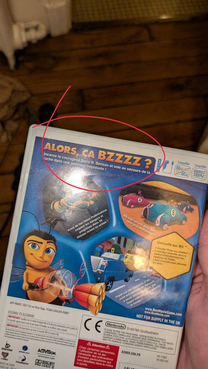kiffeur's tweet photo. J'ai racheté bee movie sur wii et je sais pas ce qui est le plus bizarre entre avoir racheté ce jeu où ce qu'il y a écrit derrière la jaquette https://t.co/jRsAB7Dd5b