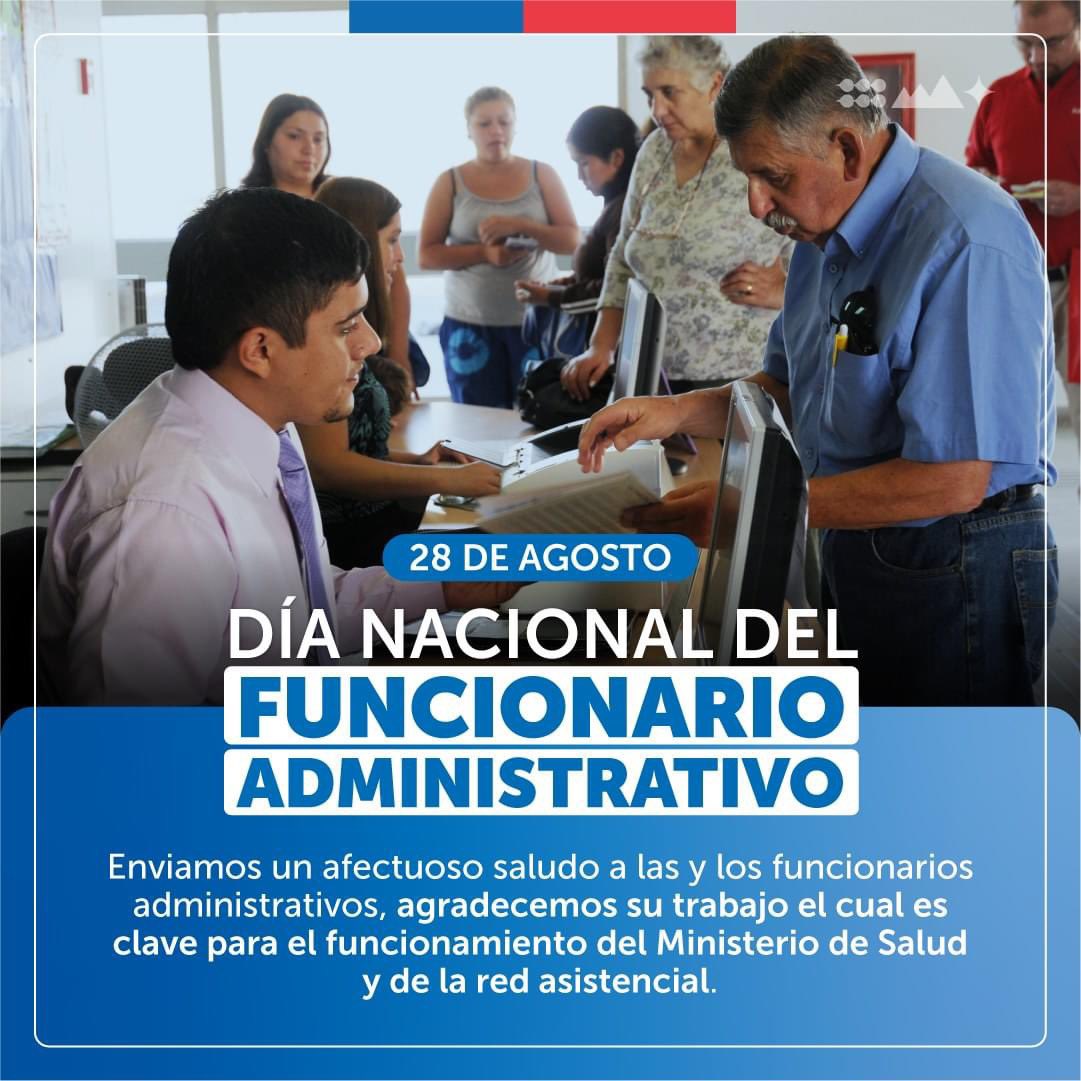 Saludamos a todas y todos los funcionarios administrativos que desempeñan labores en el Ministerio de Salud, Servicios de Salud, seremis, Organismos Autónomos, y centros de salud. Agradecemos el trabajo que realizan, que es clave para el funcionamiento de la red asistencial.