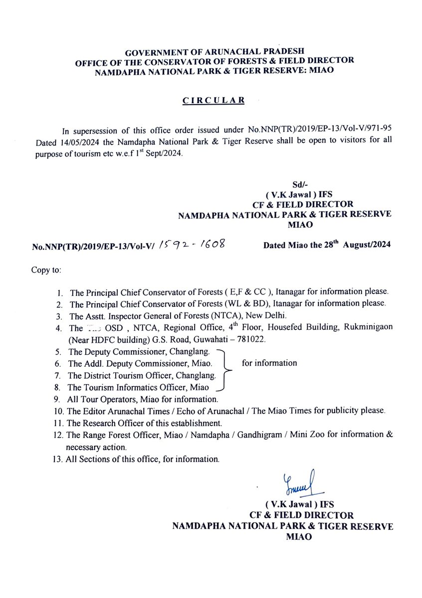 Namdapha National Park & Tiger Reserve (@namdaphatr) on Twitter photo This is for information to all that Namdapha National Park & Tiger Reserve shall be open to visitors from 1st September 2024.
<a href="/ArunachalTsm/">Arunachal Tourism</a> This is for information to all that Namdapha National Park & Tiger Reserve shall be open to visitors from 1st September 2024.
<a href="/ArunachalTsm/">Arunachal Tourism</a>