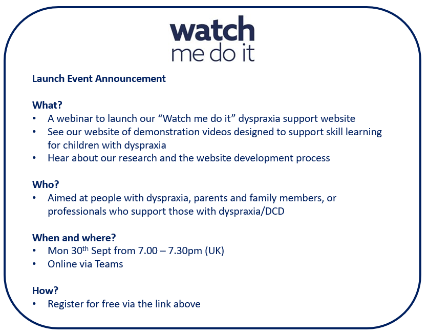 MMU_DCD's tweet photo. 🚨 Launch event: Watch me do it 🚨

We are hosting a webinar to celebrate the launch of our new dyspraxia/DCD support website: https://t.co/zq0jApWvVn

Monday 30th September at 7.00pm (UK)

Use the link below to register: https://t.co/51b5zKm9Iz https://t.co/F62WAksyEc