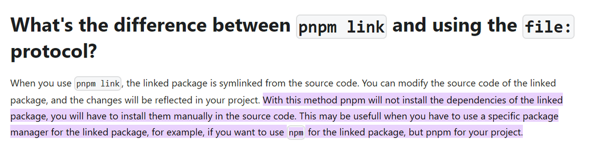 YGabrola's tweet photo. @mattpocockuk Under the hood, npm is just using the same exact mechanism as adding a `link:` dependency. Dependencies of linked dependencies are not resolved or installed, and this behavior is shared by all package managers. Even `pnpm link` docs mentions this specific use case but in reverse. https://t.co/8w8ZLrfN60