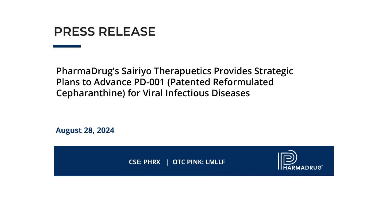 PharmaDrug's Sairiyo Therapuetics Provides Strategic Plans to Advance PD-001 (Patented Reformulated Cepharanthine) for Viral Infectious Diseases

tinyurl.com/bynvkz3x

$PHRX $LMLLF | #infectiousdiseases #MedicalResearch #monkeypox #DrugDevelopment #Cepharanthine #Ebola #COVID