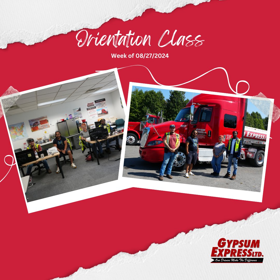Welcome to the Gypsum Team!
Orientation Class - Week of 08/27/2024:
Emmanuel S. (Demotte), Fawn S. (Baldwinsville), Hunter B. (Carrollton), and Quincy J. (Carrollton)
#TeamRed #GypsumExpress #ourdriversmakethedifference #gypsumfamily
