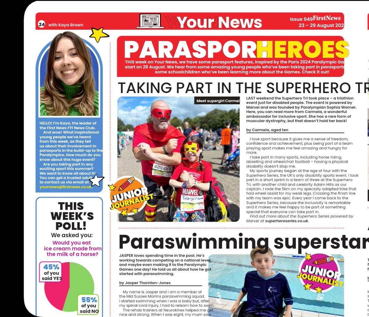 Cure4Carmela's tweet photo. Grab a copy of my story in @firstnewspage this week, promoting disability sports leading up to the Paralympic Games tonight.
@SuperheroTri
#childrensnews #firstnews #juniorjournalist #disabilitysport 
#paralympicgames #Paris24 https://t.co/TKiosScfXQ