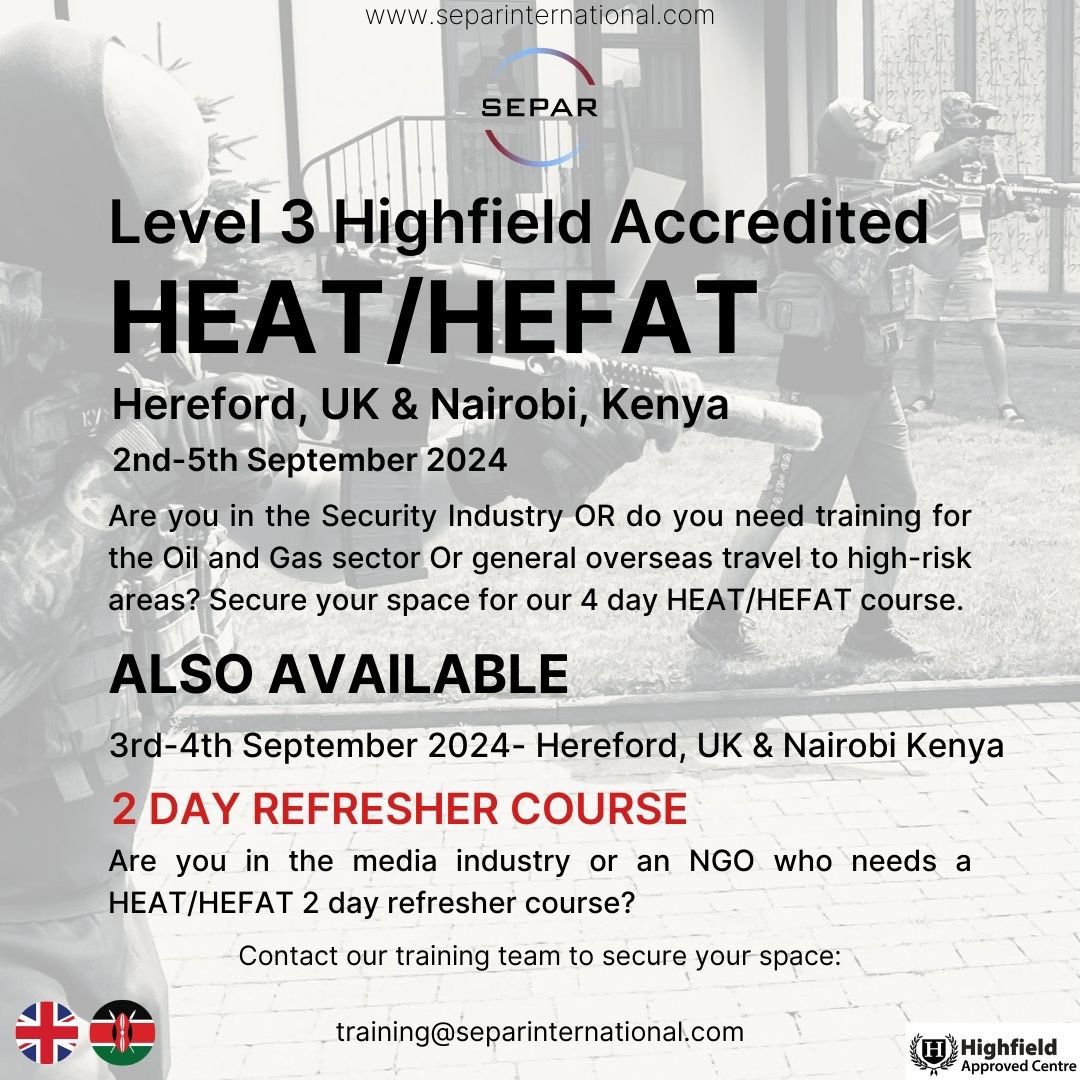 SEPAR International (@separ_inter) on Twitter photo Are you in the media industry or an NGO who needs a HEAT/HEFAT 2-day refresher course?
We also have availability for a 2-day refresher HEAT/HEFAT course, the 3rd – 4th September 2024, in Hereford, UK & Nairobi, Kenya.
training@separinternational.com
linkedin.com/feed/update/ur… Are you in the media industry or an NGO who needs a HEAT/HEFAT 2-day refresher course?
We also have availability for a 2-day refresher HEAT/HEFAT course, the 3rd – 4th September 2024, in Hereford, UK & Nairobi, Kenya.
training@separinternational.com
linkedin.com/feed/update/ur…
