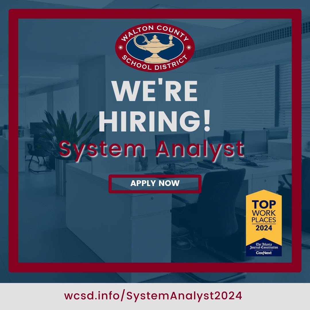 Looking for a job change? Walton County School District is hiring a system analyst. Apply now to join our award-winning team! For more information, visit wcsd.info/SystemAnalyst2…. #whywalton #welcometowalton