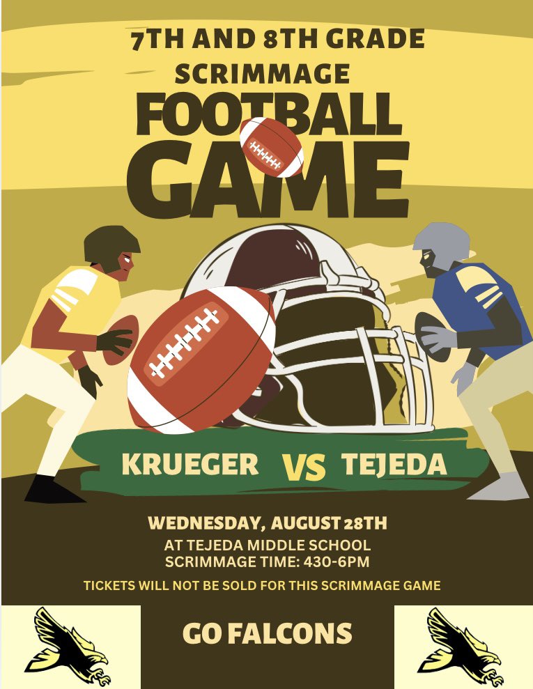 Krueger Boys Athletics (@boyskrueger) on Twitter photo Football scrimmage game today for our 7th and 8th grade football teams…
430-6pm at Tejeda MS <a href="/KMSAcademics/">Krueger Academics</a> <a href="/WeTeachSETA_CTE/">We Teach SETA~ CTE</a> <a href="/FalconPTA/">Krueger MS PTA</a>
Go Falcons! Football scrimmage game today for our 7th and 8th grade football teams…
430-6pm at Tejeda MS <a href="/KMSAcademics/">Krueger Academics</a> <a href="/WeTeachSETA_CTE/">We Teach SETA~ CTE</a> <a href="/FalconPTA/">Krueger MS PTA</a>
Go Falcons!
