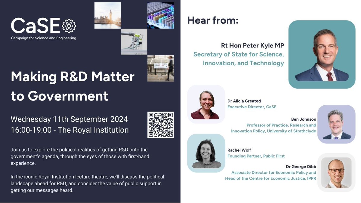 Final reserve tickets for the <a href="/sciencecampaign/">CaSE</a> conference on 11 Sept: Making R&amp;D Matter to More People
sciencecampaign.org.uk/membership/eve…

Hear from Ottoline Leyser and Peter Kyle, alongside other leading R&amp;D voices and members of the public behind our 'People's Vision for R&amp;D' project.