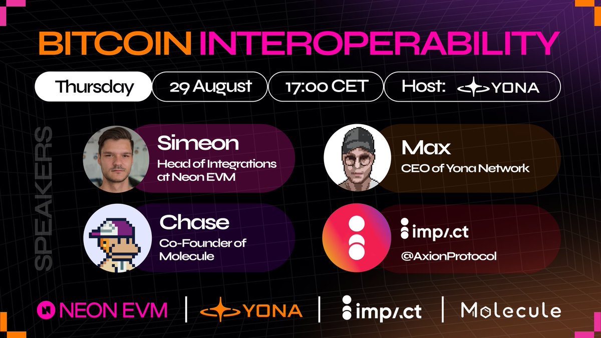 YonaPrivacy's tweet photo. 🚨 AMA Announcement 🚨

Yona's CEO @0xMaxSoul will be hosting an AMA with @0xlucianx0 from @neon_evm, @chasegm_ from @moleculebtc and @AxionProtocol!

Join tomorrow to learn about BTC Interoperability and SVM!

📆 29th August, 15:00 UTC 
📍 Twitter space: https://t.co/IadYlh7BLX https://t.co/ZO451unlN6