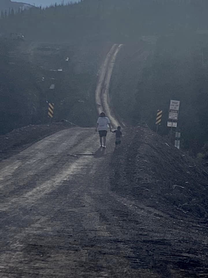 This photo was sent to me by Wet’suwet’en member Catherine Thomas on the remains of CGL pipeline infrastructure, reading:

“It’s eerie and heartbreaking ❤️‍🩹 the picture is Lillian Wilson with her grandson walking on what’s left of this part of Likhts’amisyu Yintah .”