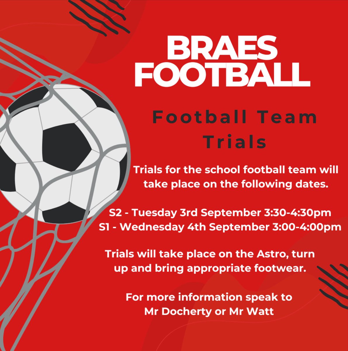 ⚽️ Braes S1 and S2 Football Team Trials ⚽️

Trials will take place on the Astro after school next week.

S2 Tuesday 3:30pm - 4:30pm 
S1  Wednesday 3pm - 4pm 

<a href="/BraesHigh/">Braes High School</a> <a href="/BraesPE/">BraesPE</a> <a href="/MrSmith_BraesPE/">Mr Smith</a>