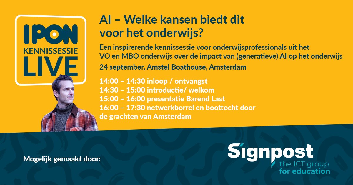 📅 Dinsdag 24 sept: IPON kennissessie over AI en Didactiek in VO/MBO met <a href="/BarendLast/">Barend Last</a>. 
📍 Amstel Boathouse, Amsterdam
Gratis toegang bij voorinschrijving! Meld je nu aan: 🔗 reshift.wufoo.com/forms/aanmeldf…
#IPON #Onderwijs #AI #Didactiek #VO #MBO