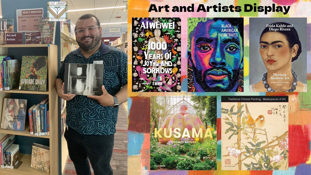 Lisle Library Dist. (@lislelibrary) on Twitter photo Xavier, an artist himself, was drawn to the Art and Arts Display on the second floor across from the Adult Services desk. Find books and movies honoring art: buff.ly/4dz12MU. #Libraries <a href="/YayoiKusama4/">Yayoi Kusama</a> #Art #Artists #AiWeiWei #FridaKahlo #DiegoRivera #BlackArtists Xavier, an artist himself, was drawn to the Art and Arts Display on the second floor across from the Adult Services desk. Find books and movies honoring art: buff.ly/4dz12MU. #Libraries <a href="/YayoiKusama4/">Yayoi Kusama</a> #Art #Artists #AiWeiWei #FridaKahlo #DiegoRivera #BlackArtists