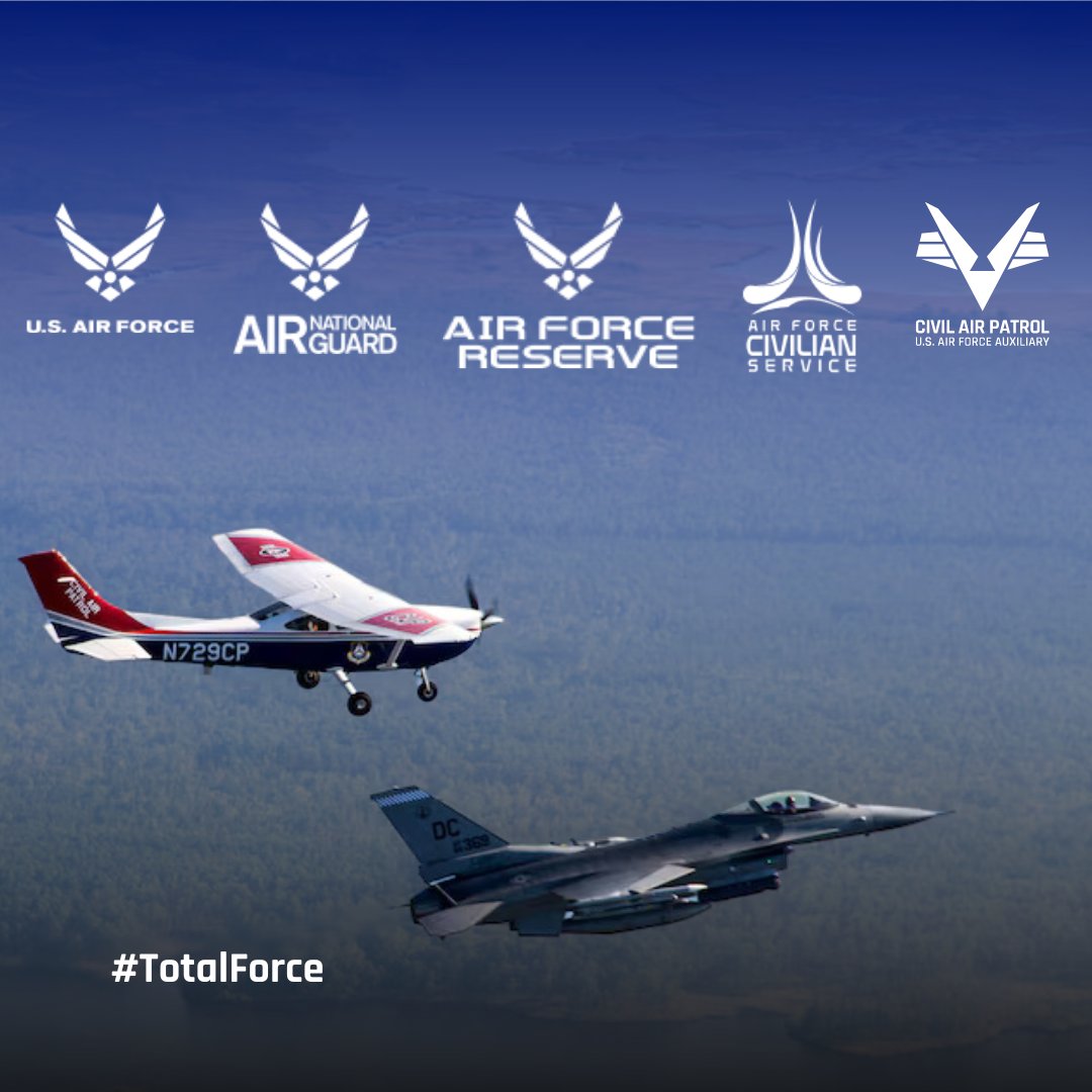 Today we celebrate #CivilAirPatrol becoming a part of the U.S. Air Force #TotalForce in 2015. CAP members are part of the Total Force along with the regular Air Force, Guard, and Reserve. <a href="/USAFRecruiting/">Air Force Recruiting</a> <a href="/Join_AFReserve/">Air Force Reserve Recruiting</a> <a href="/ANG_Recruiting/">U.S. Air National Guard</a> <a href="/afcivilian/">Air Force Civilian Service #ItsACivilianThing</a>