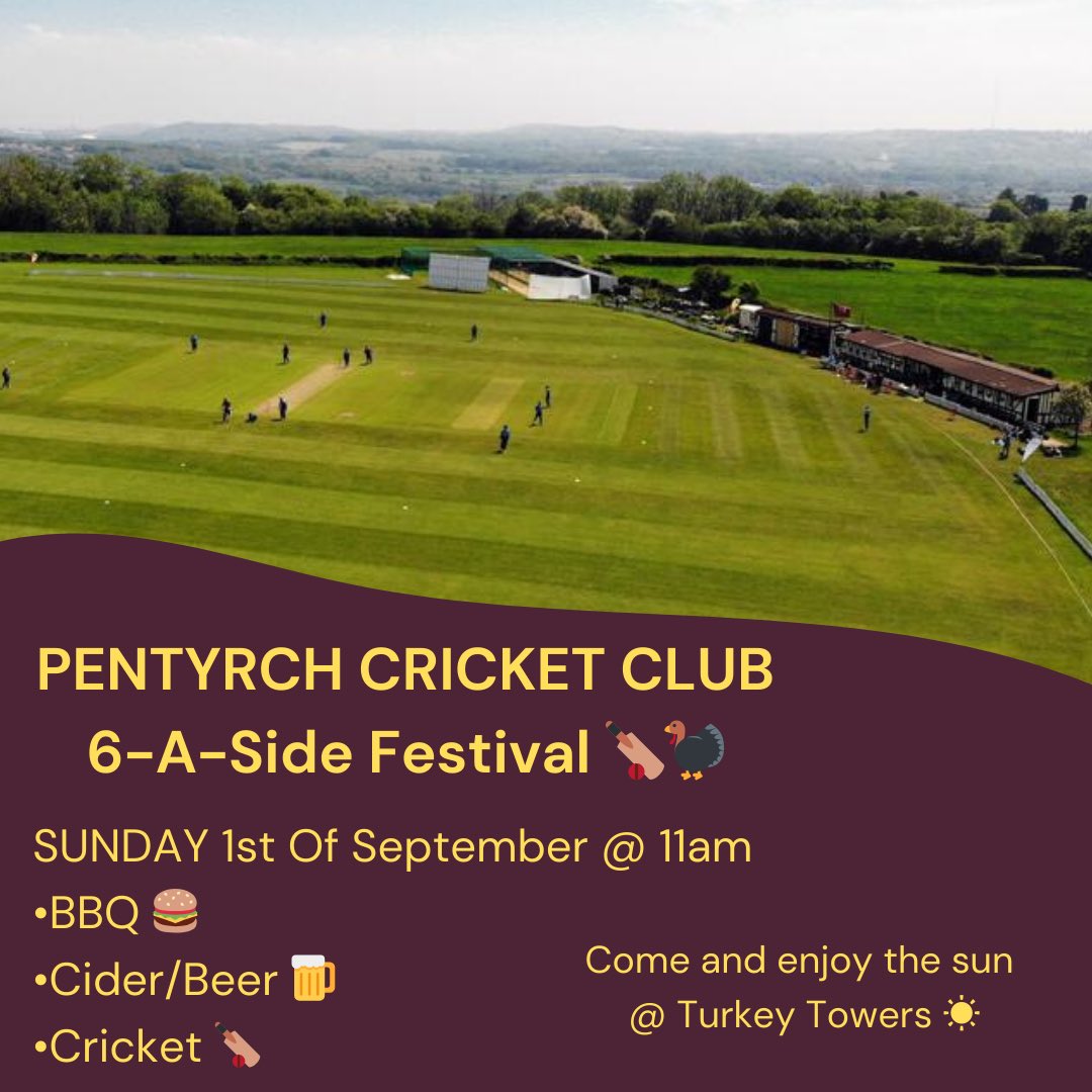 🚨PENTYRCH 6-A-Side Cricket Festival🚨

🍺Join us on Sunday the 1st of September for our annual 6-A-Side Cricket festival!

🏏There will be some great laughs, cheap beers &amp; Ciders , BBQ running all day and some very poor cricket!

🙌🏻We will see you there!

#Turkeys 🏏🦃