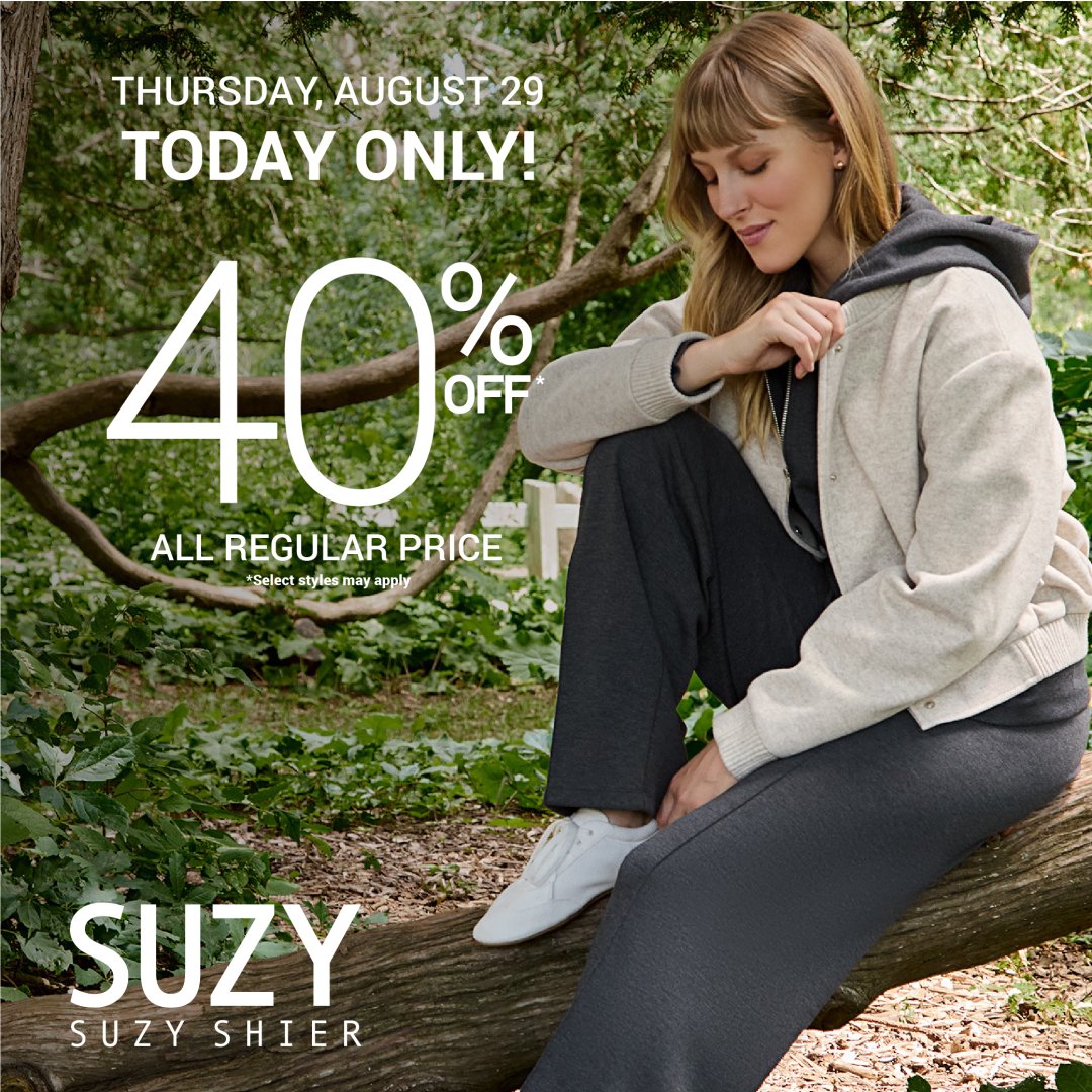 Don’t miss out- Discover the latest trends to elevate your everyday style, at Suzy Shier! Receive 40%* off all regular priced items for one day only! Prestige customers can pre-shop on Wednesday August 28th. *Select styles may apply