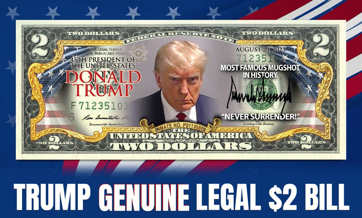 odiafeeds's tweet image. 📜 Limited Edition Alert! 📜 The Trump Mugshot $2 Bill is a genuine piece of U.S. currency, enhanced for collectors. Don't miss out! 🏃‍♂️💨 #CollectibleCurrency #TrumpMugshot #History 

Secure Yours: tinyurl.com/4j5zvcje