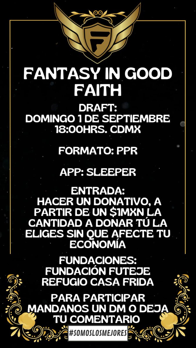 DinamicxSLM's tweet photo. ¿Buscas una liga de FANTASY?
                           🏈 ✨
Donación desde $1MXN
¡Amantes de la #NFL llegan nuestras ligas con causa #FantasyInGoodFaith!
#SomosLosMejores
 ¡FANTASY IN GOOD FAITH JUGANDO CON CAUSA! 🏈✨ https://t.co/PhydbnxwpD
