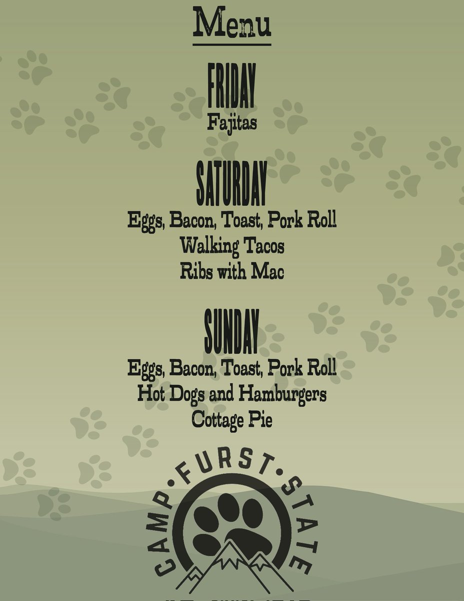 TheFurstState's tweet image. Howdy campers, the Camp Furst State Schedule &amp;amp; Food menu is now available.

Be sure to take the time to register for the event as either a weekend camper or a day pass attendee!

Registration closes Sept 16th, camping beings on Sept 20th.

thefurststate.com/camp-furst-sta…
#TheFurstState