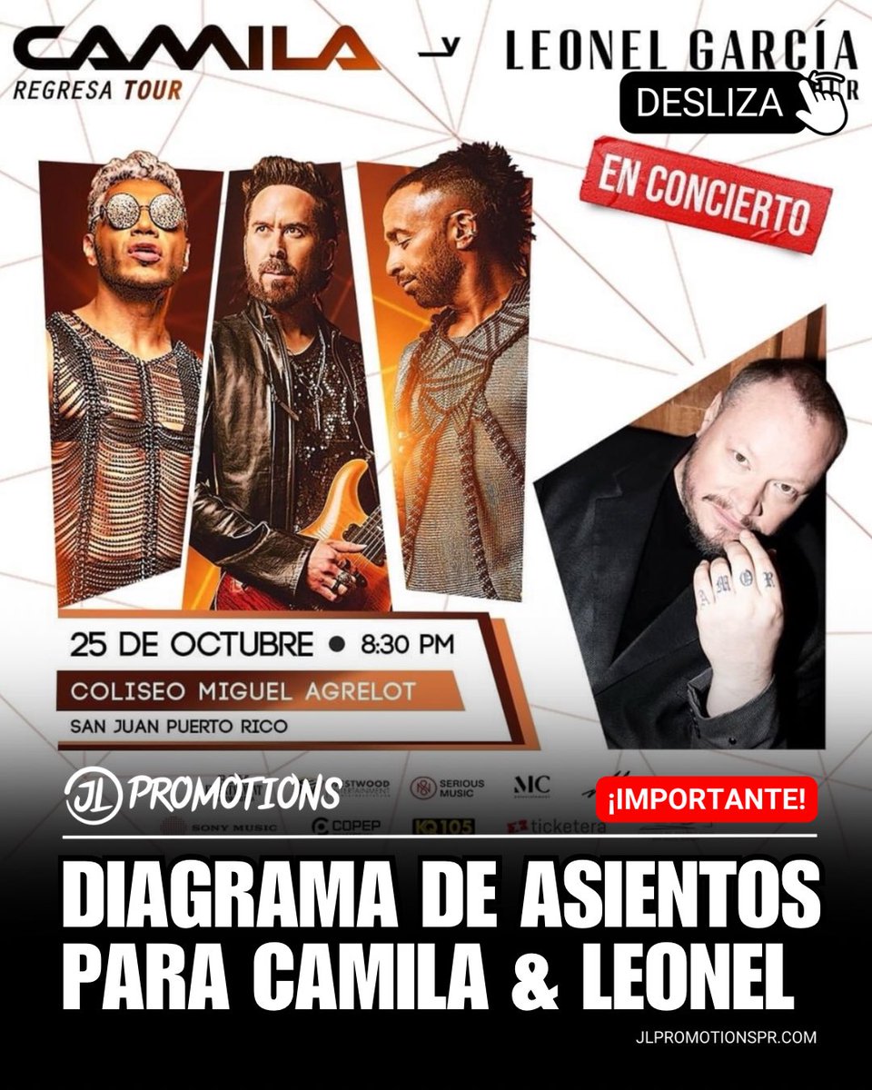JLPromotionspr's tweet photo. Diagrama de asientos para ver a Camila con Leonel García este próximo, 25 de octubre en el Coliseo de Puerto Rico. 🤍🎙🇵🇷

Boletos a la venta desde este viernes, 30 de agosto a las 10:00am a través de https://t.co/XbXcTFD9kY 🎫 
#camila #leonelgarcia #concert #PR #jlpromotionspr https://t.co/LswR4vHXtY